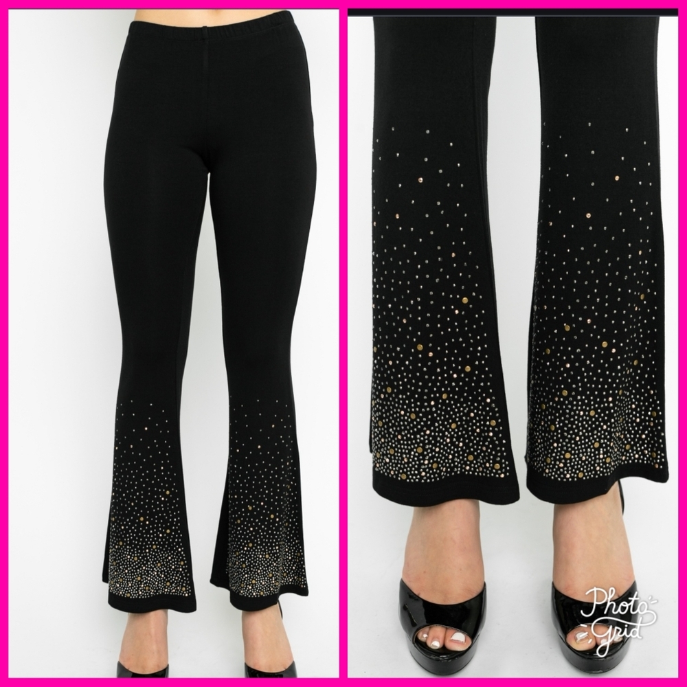New Vocal women's flared leggings, black wide leg dressy pants rhinestones